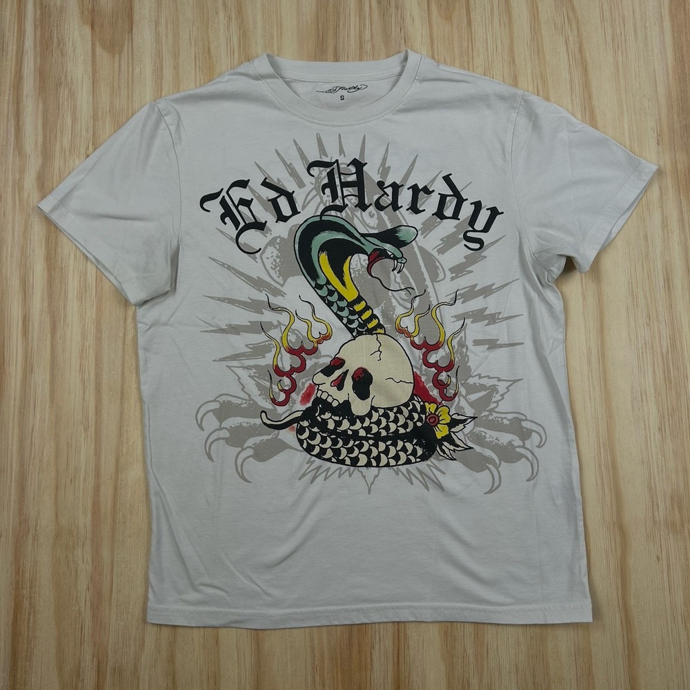 Ed Hardy Cobra Snake Skull T-Shirt DBL Sided Graphic Off White Sz Small Mens